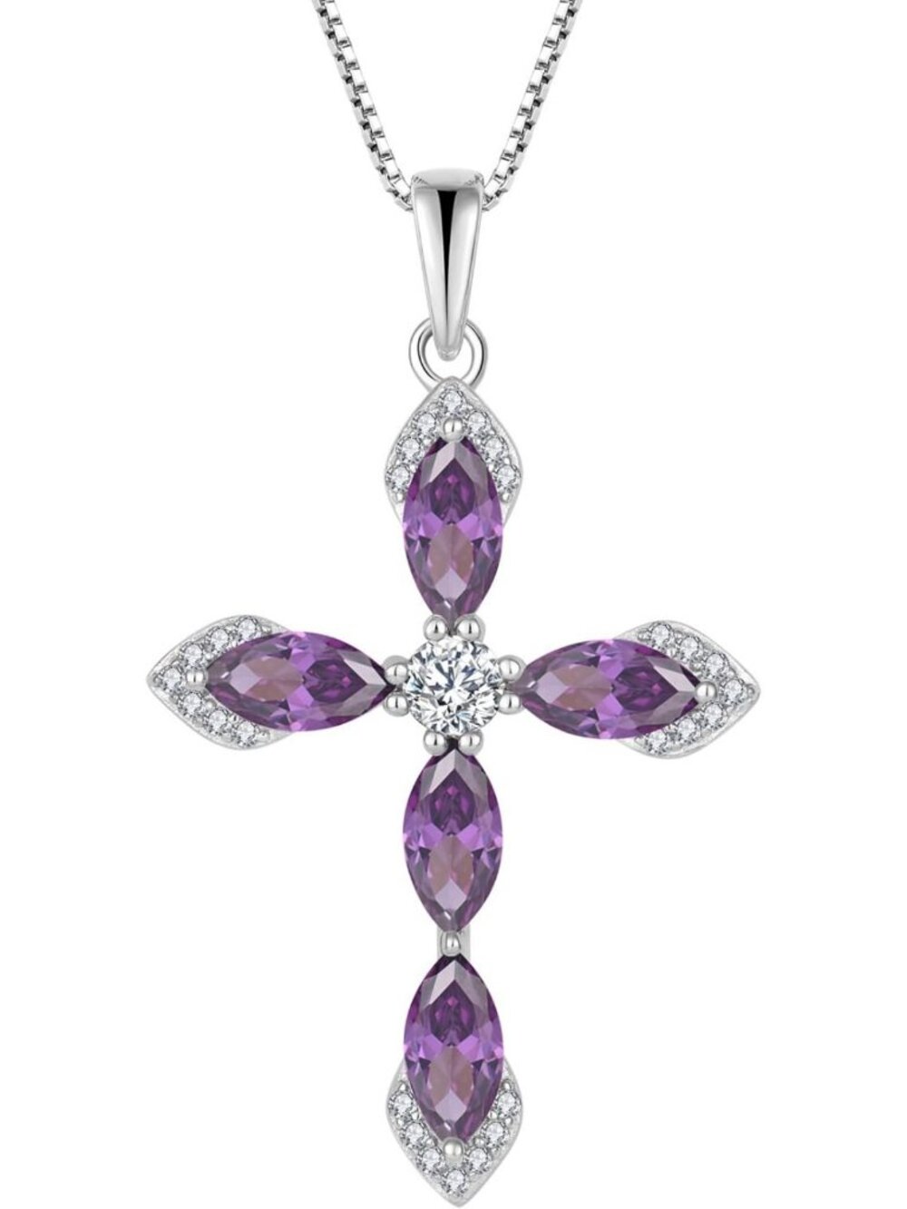 Sterling Silver Women's Cross Necklace with Halo Gemstone Charm - Elegant